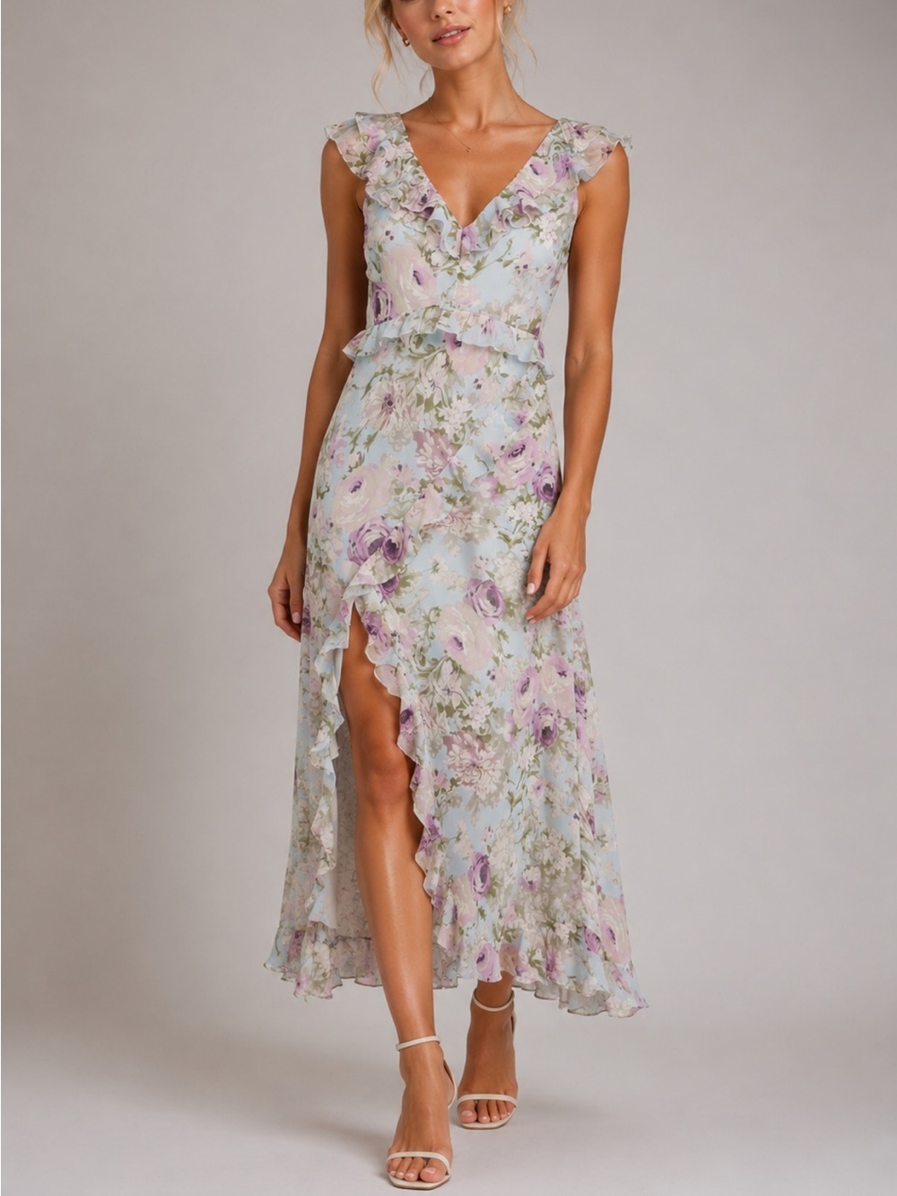 Astr Floral Ruffle Midi Dress in Pastel Blue and Lavender